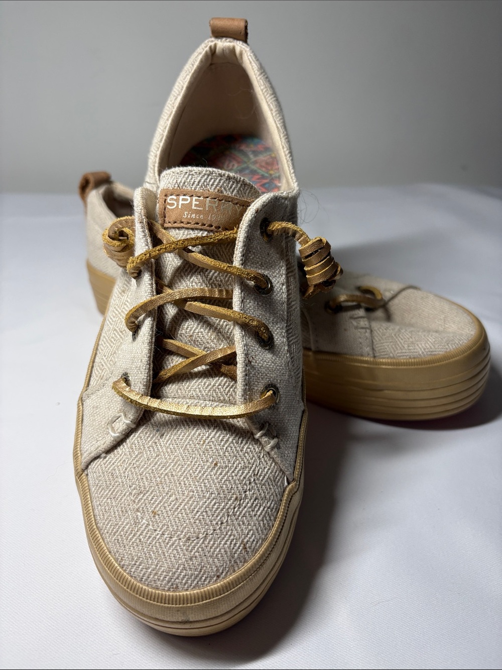 Sperry Tan and Gold Textured Textile Platform Sneakers Size 8